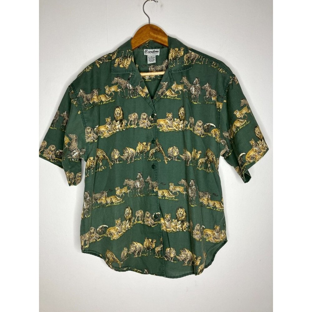Vintage Caribou New York Women's Medium Nature Lion Giraffe Camel Button Shirt